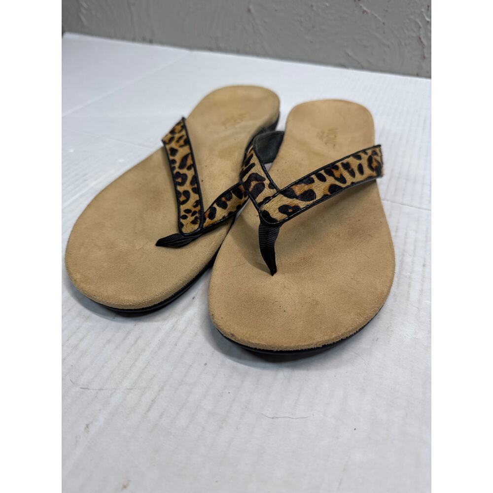 Vionic Selena Orthaheel‎ Leopard Print Leather Calf Hair Flip Flop Sandals Sz 10